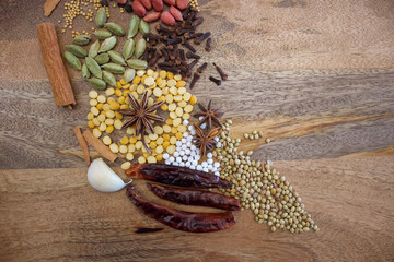 indian spices on an wooden plate, top view, copy space