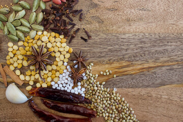 indian spices on an wooden plate, top view, copy space