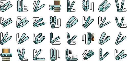 Hair straightener icons set outline vector. Salon iron. Hair styler color flat on white