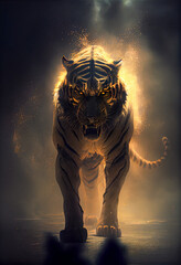 Epic wild tiger in the gold glow looking at the camera. AI generated