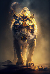 Epic wild tiger in the gold glow looking at the camera. AI generated