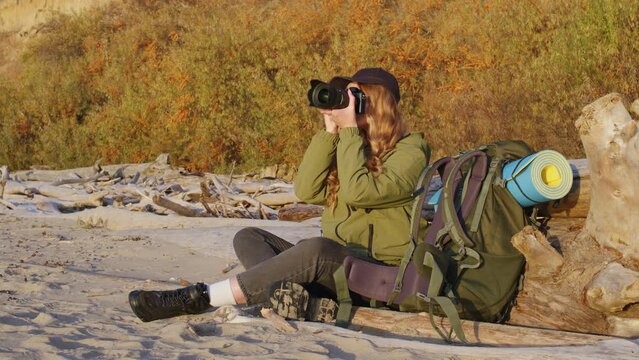 Gold-haired female photographer sits on log, takes pictures of nature, smiles. Tourist woman with professional camera shoots environment. Beautiful girl looks photos on screen in sandy place