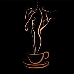 Silhouette of a woman in the form of a couple with cups. Coffee shades, line graphics. Vector illustration