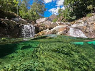 Beautiful view of little pond and waterfall. Mountain scenery with trees, stream and blue sky. Travel, vacation, summer, nature, relax, tranquility, concept. Underwater view, pure crystal clear water
