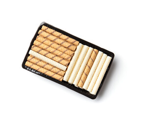 Wafer rolls in a package on a white background top view.