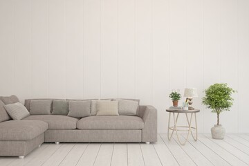 White living room with sofa. Scandinavian interior design. 3D illustration