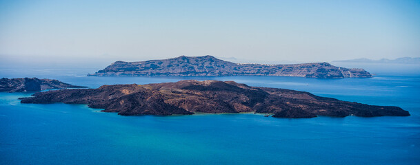 Aerial view of Nea kameni of santorini island greece