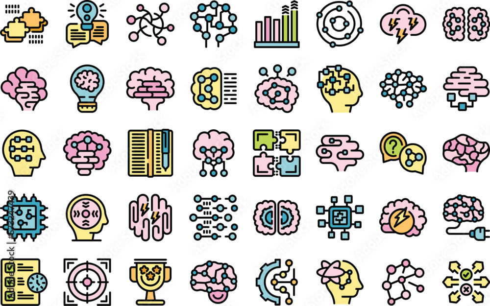 Poster brainstorm icons set outline vector. business process. brain solution color flat on white