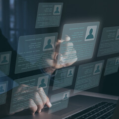 Manager checks CV on virtual screen. Human resource employee choose curriculum online. HR concept