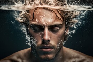 Attractive man underwater with bubbles , generative Ai