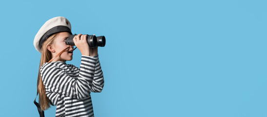 Banner-portrait of a sailor girl on a blue background teenage girl in a sailor suit with a binocular looking into the distance. - obrazy, fototapety, plakaty