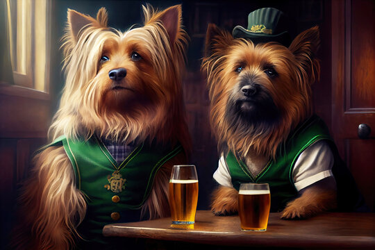 Saint Patricks day celebration. Dogs in pub with beer glasses. Old friends in hats. Generative Ai Art. Interior with warm light. Irish bar.