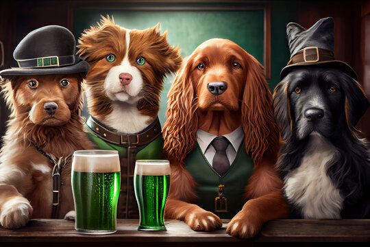 Saint Patricks day celebration. Dogs in pub with beer glasses. Old friends in hats. Generative Ai Art. Interior with warm light. Irish bar.
