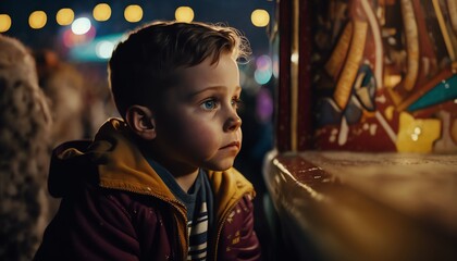 Obraz premium A child staring in wonder at the carnival, night scene, Generative AI