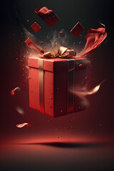 Floating closed gift box with water splash effect on dark red background. Generative AI.