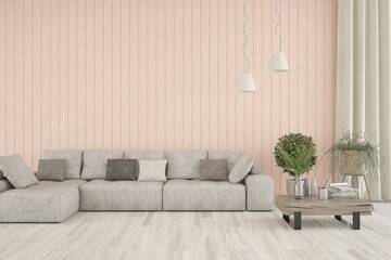 Pink scandinavian interior design with sofa. 3D illustration