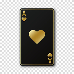 Black and golden playing card Ace with a symbol or sign of hearts on a transparent background. Vector illustration