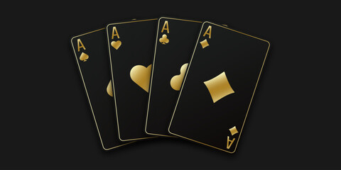 Hand fan of playing cards consisting of four black and golden Ace of Spades, Diamonds, Clubs, Hearts. Vector illustration poker and casino of all the aces on a black table background.