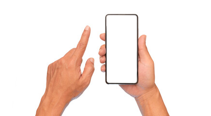 Empty mobile phone screen on men hand for additional user interface. isolated image.
