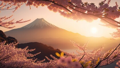 view of Mount Fuji with cherry blossom, and flowers at the lake in japan. Mount Fuji with cherry blossom, flowers at the lake in japan fuji mountain at viewpoint. Generative AI - obrazy, fototapety, plakaty