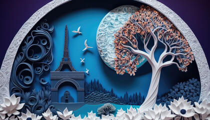"The Intricate Paper Quilling Landscape of Paris", featuring a beautiful and detailed paper quilling art of the romantic and picturesque cityscape of Paris, capturing the intricate architecture.