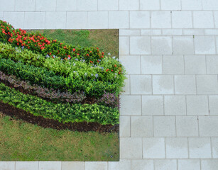 Aerial view of flowering shrubs and green grass bordered on three sides by a pavement grid with rain stains, for concepts of urban landscaping and the environment