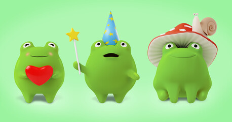 Set of green Cute Frogs hold various objects in their hands. 3d rendering