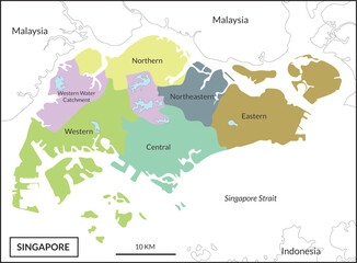 Singapore map with six regions in detail. 