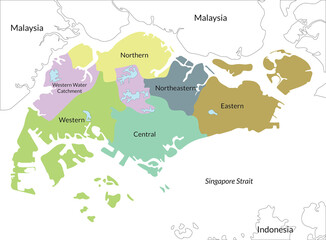 Singapore map with six regions in details. 
