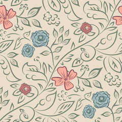 Wildflower seamless vector pattern background. Vintage boho style meadow flowers backdrop. Hand drawn line art painterly botanical design. Garden flower cottagecore maximalist repeat for gifting