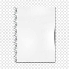 Wire bound notebook white blank page on transparent background vector mockup. Metal spiral notepad realistic mock-up