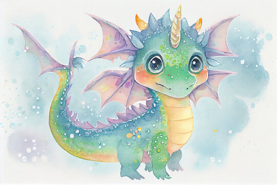 A cute baby dragon in boho style, with feathers, flowers, and intricate patterns, generative ai illustration