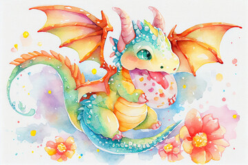 Fototapeta na wymiar A cute baby dragon in boho style, with feathers, flowers, and intricate patterns, generative ai illustration