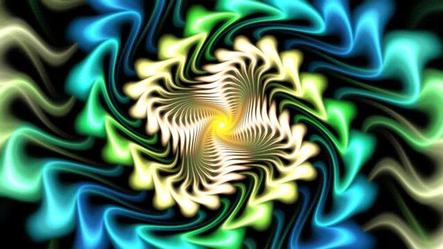 Colorful waves emanating from small circle in centre. Rotating and forming gammadion, sauwastika on dark background. Psychedelic metamorphoses with bright convoluted vibes. 4K UHD 4096x2304
