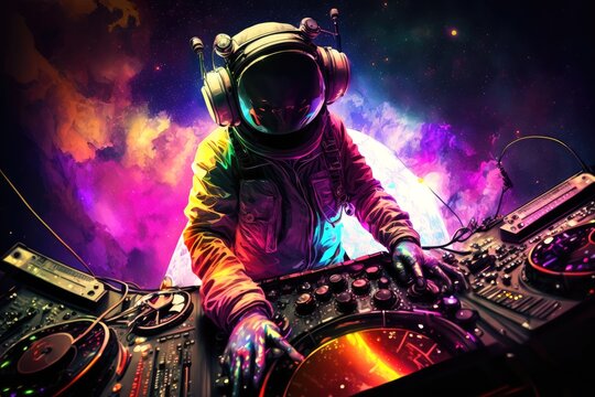 Cosmonaut astronaut music album cover. Fantasy music dj futuristic galactic cosmic background space man Generative AI