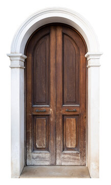 tall vintage brown wooden door with classic marble stone pattern archway isolated on white
