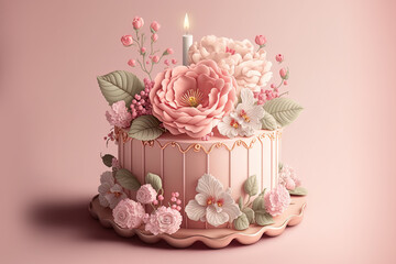 Pink birthday cake with flowers. AI