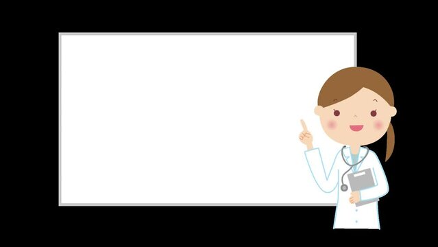 ホワイトボードの前に立って説明する女性医師