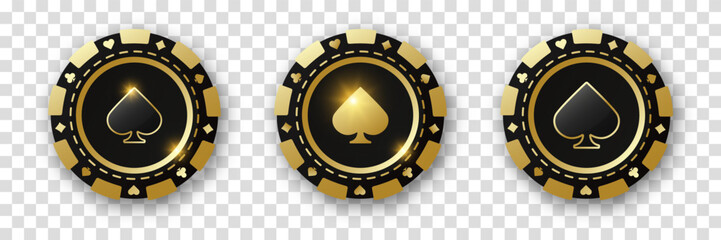 Spades suit chips. Set of gold and black and poker chips. Gambling tokens with suits for poker and casino and roulette. Vector illustration. For game design, advertising web banner and poster.