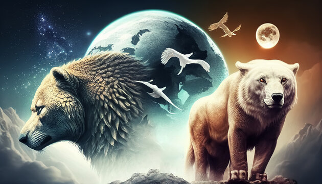 PLANETA TIERRA Y OSOS. ILUSTRACION. COLOR. IA GENERATIVA. HORIZONTAL.