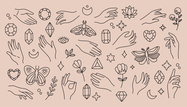 Mystical and esoteric vector set in trendy minimal lineart style. Vector in boho style hands and mystical objects
