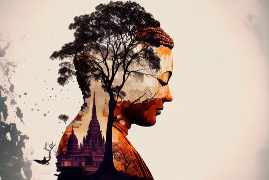 Buddhism, meditation. Double exposure with tree and temple. Ai generative.