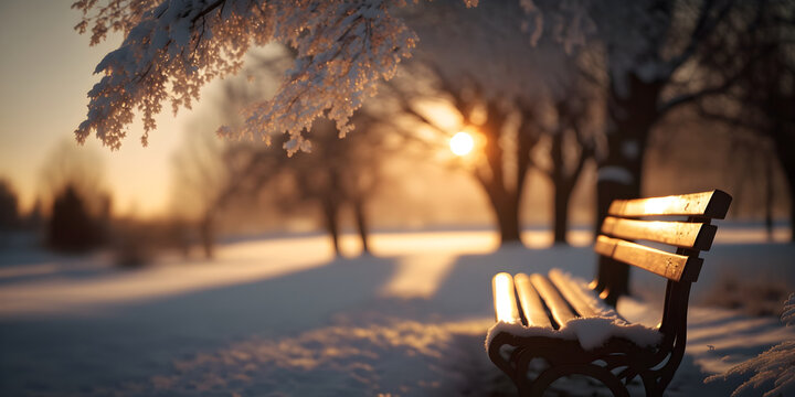Scenic background winter park, garden with bench in nature in evening light outdoors, space for copy, panorama landscape. generative, ai