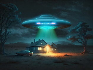 UFO unidentified flying object with light beam above house in night sky, alien abduction to flying saucer hovered above home. UFO alien aircraft with neon glowing hovered above house, generative AI
