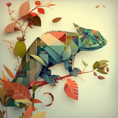 Illustration of a chameleon in cubism style.  Made with Generative AI.