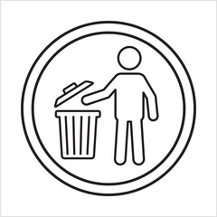 Throw the trash into the bin sign. Tidy man throws garbage in the trash bin signs. Keep clean please icon.