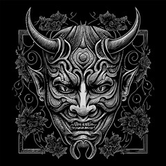This Japan Hannya mask line art drawing depicts the haunting and captivating expression of the traditional Noh theater mask with intricate line work