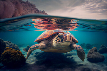 Obraz premium A content sea turtle resting on a rocky outcropping, surrounded by crystal-clear water.