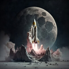 spaceship and moon, rocket on the moon, rocket launching and moon in the background