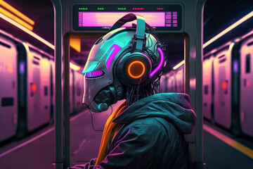 futuristic neon robot cyborg listens to music with headphones in the subway illustration Generative AI